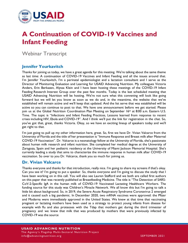CIF-RIG Monthly Update Meeting Transcript: COVID-19 Vaccines and Infant Feeding (September 2021)