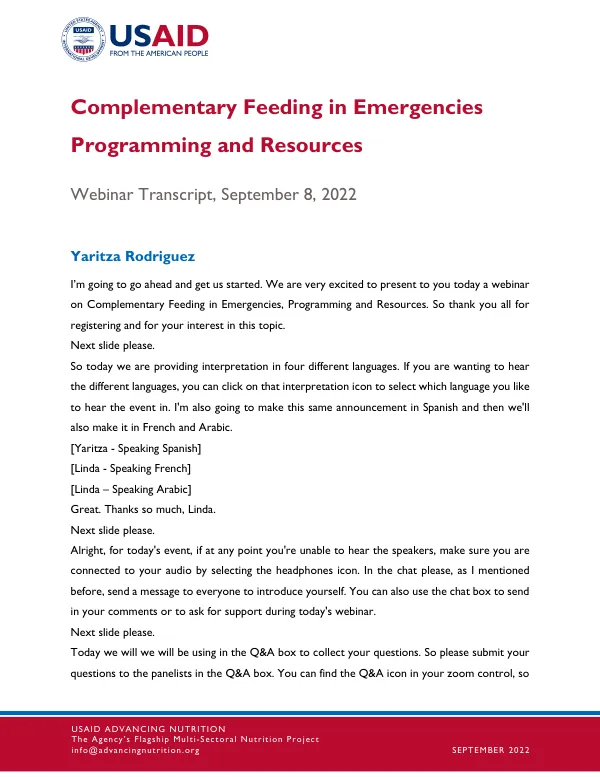Complementary Feeding in Emergencies Webinar Transcript (September 8, 2022)