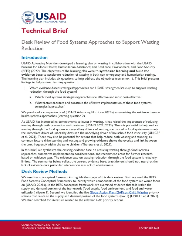 Desk Review of Food Systems Approaches to Support Wasting: Technical Brief (November 2023)