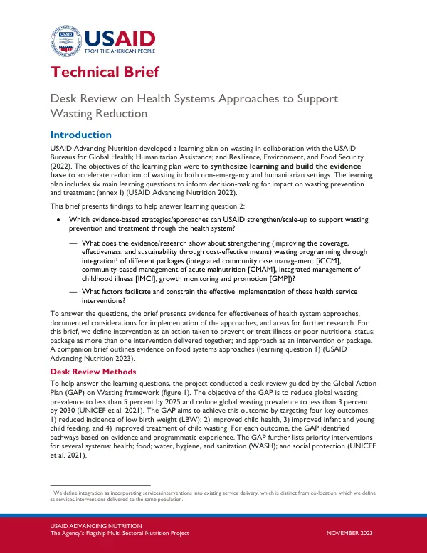 Desk Review on Health Systems Approaches to Support Wasting Reduction (Technical Brief)