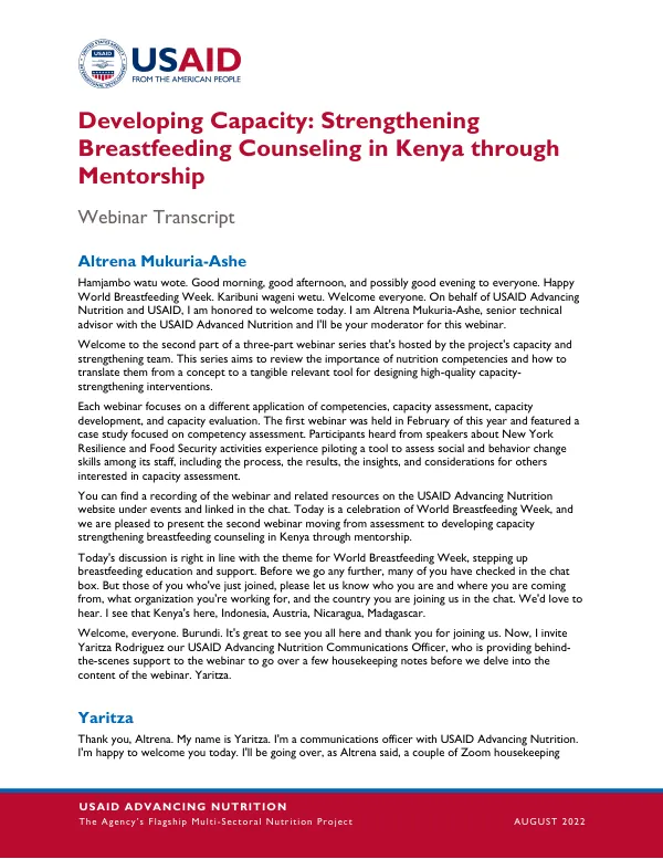 Developing Capacity: Breastfeeding Counseling in Kenya Through Mentorship