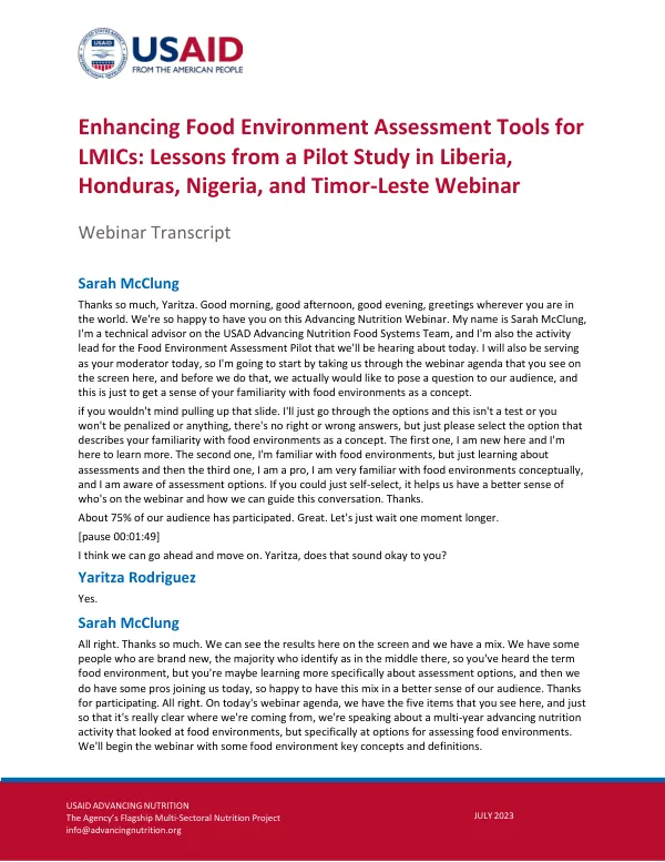 Enhancing Food Environment Assessment Tools for LMICs: Lessons from Pilot Study (Webinar Transcript)