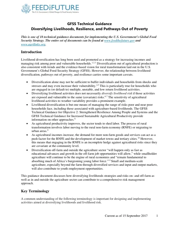 GFSS Technical Guidance: Diversifying Livelihoods, Resilience, and Pathways Out of Poverty