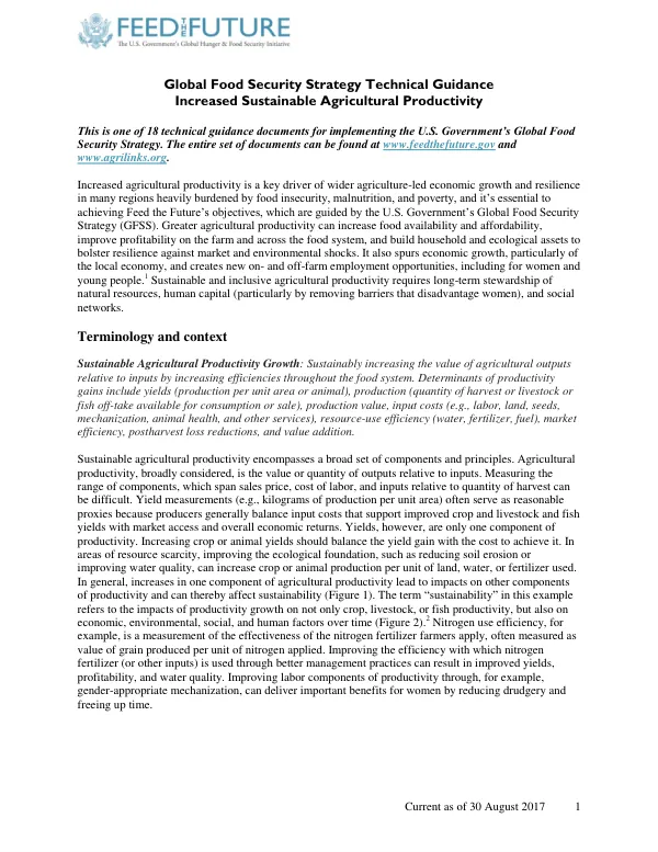 GFSS Technical Guidance: Increased Sustainable Agricultural Productivity