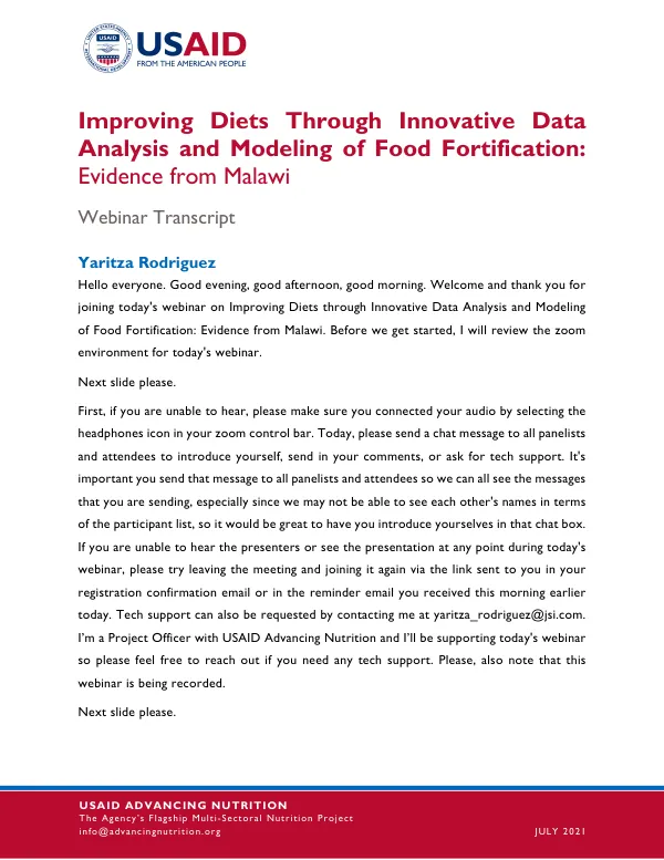 Improving Diets Through Data Analysis and Modeling of Food Fortification: Malawi Webinar Transcript