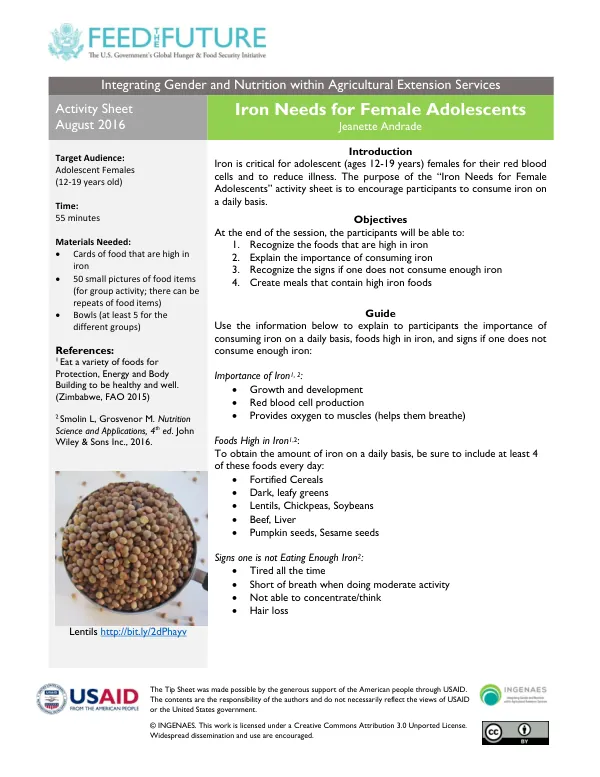 Iron Needs for Female Adolescents Activity Sheet