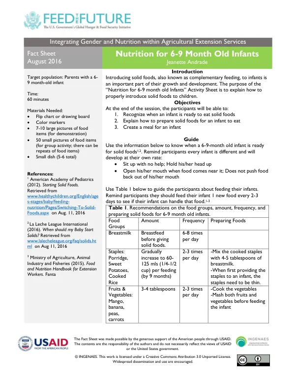 Nutrition for 6-9 Month Old Infants Activity Sheet