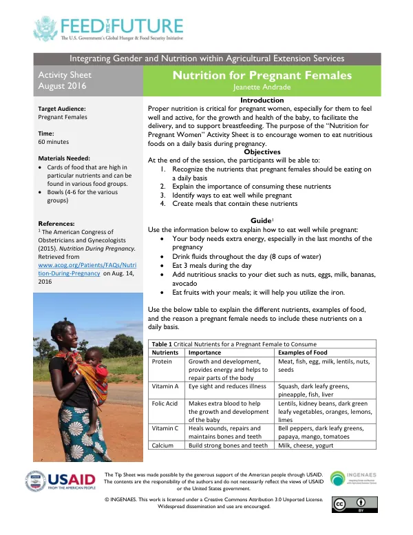 Activity Sheet: Nutrition for Pregnant Females