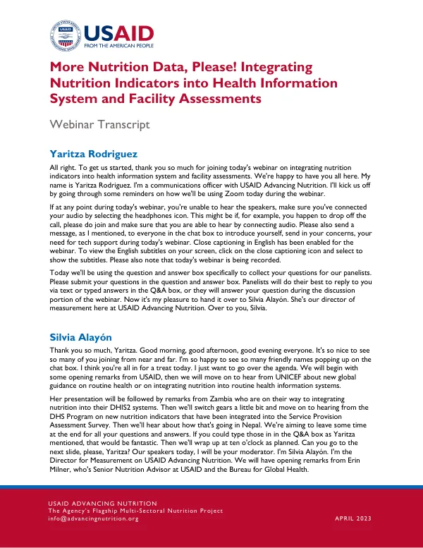 Integrating Nutrition Indicators into Health Information System and Facility Assessments Webinar Transcript