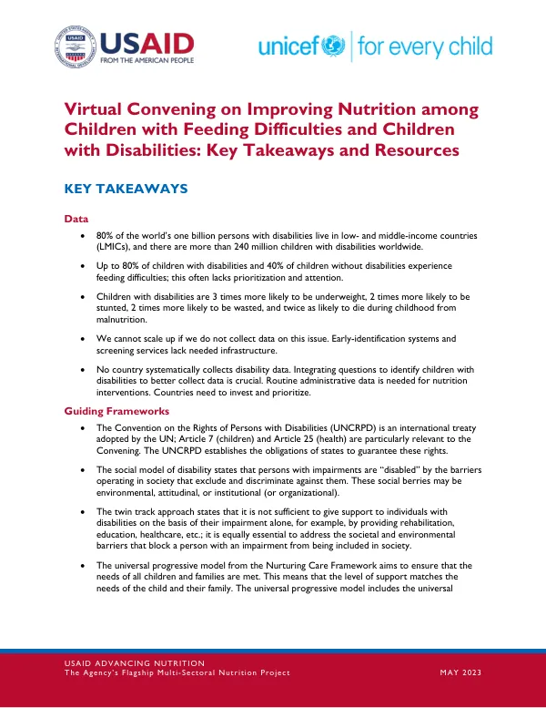Virtual Convening on Improving Nutrition among Children with Feeding Difficulties and Children with Disabilities: Key Takeaways and Resources (May 2023)