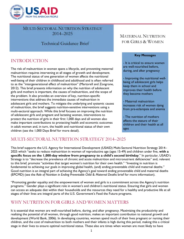 Maternal Nutrition for Girls and Women