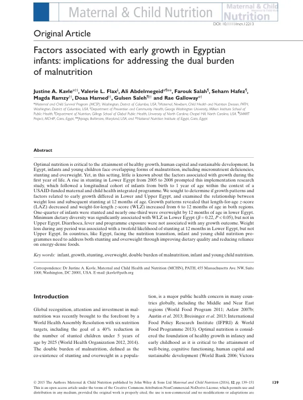 Factors in Early Growth of Egyptian Infants: Addressing Dual Malnutrition Burden