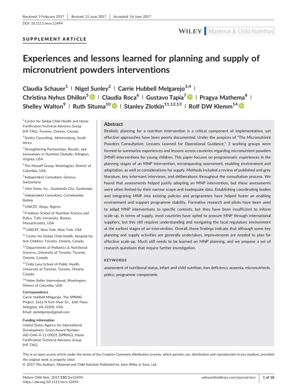 Planning and Supply of Micronutrient Powder Interventions: Experiences and Lessons Learned