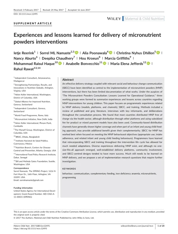 Experiences and lessons learned for delivery of micronutrient powders interventions