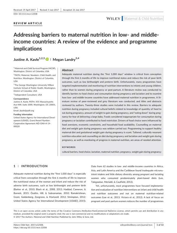 Addressing Barriers to Maternal Nutrition in Low- and Middle-Income Countries