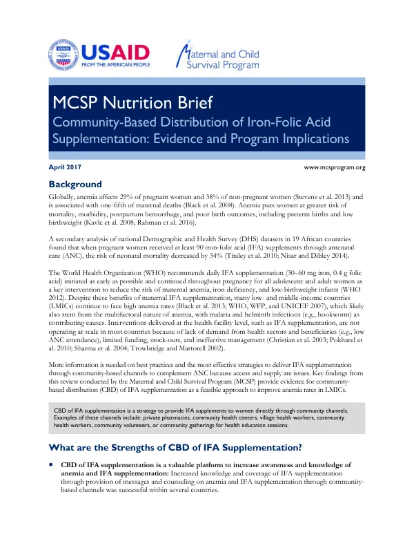 Community-Based Distribution of Iron-Folic Acid Supplementation: Evidence and Program Implications