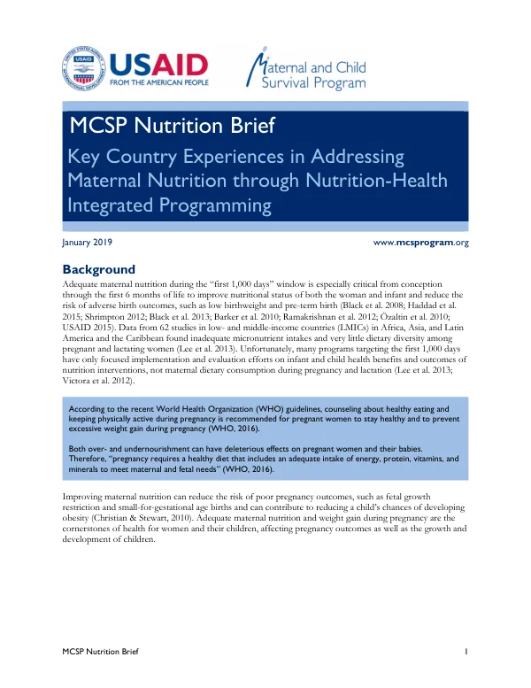 MCSP Nutrition Brief: Maternal Nutrition Country Experiences in Integrated Programming