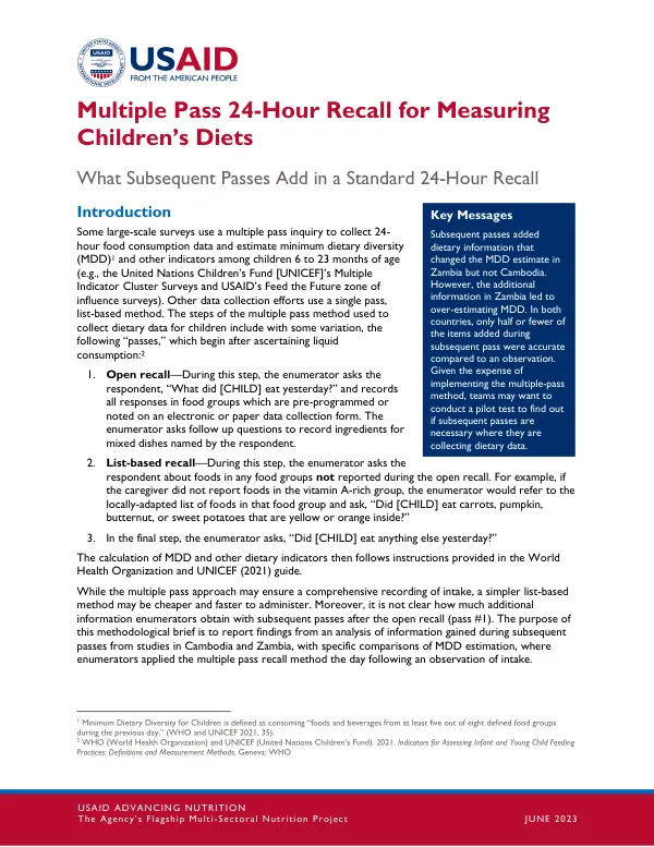 Multiple Pass 24-Hour Recall for Measuring Children's Diets