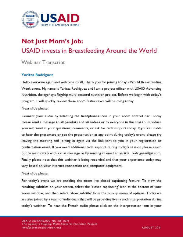 Not Just Mom's Job: USAID Breastfeeding Investment Webinar Transcript