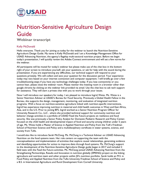 Nutrition-Sensitive Agriculture Design Guide Webinar Transcript