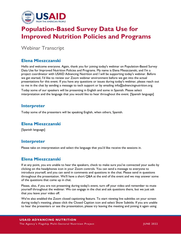Population-Based Survey Data Use for Improved Nutrition Policies and Programs (June 2022)