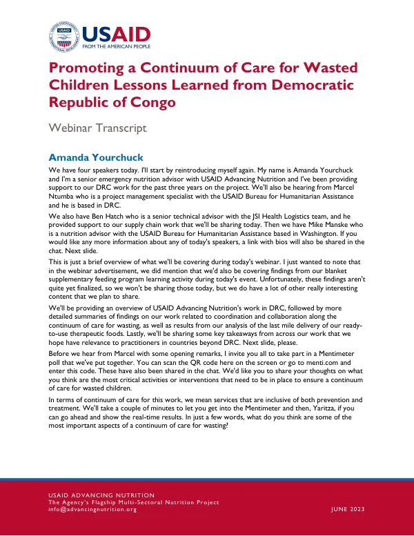 Promoting a Continuum of Care for Wasted Children: Lessons Learned from DRC