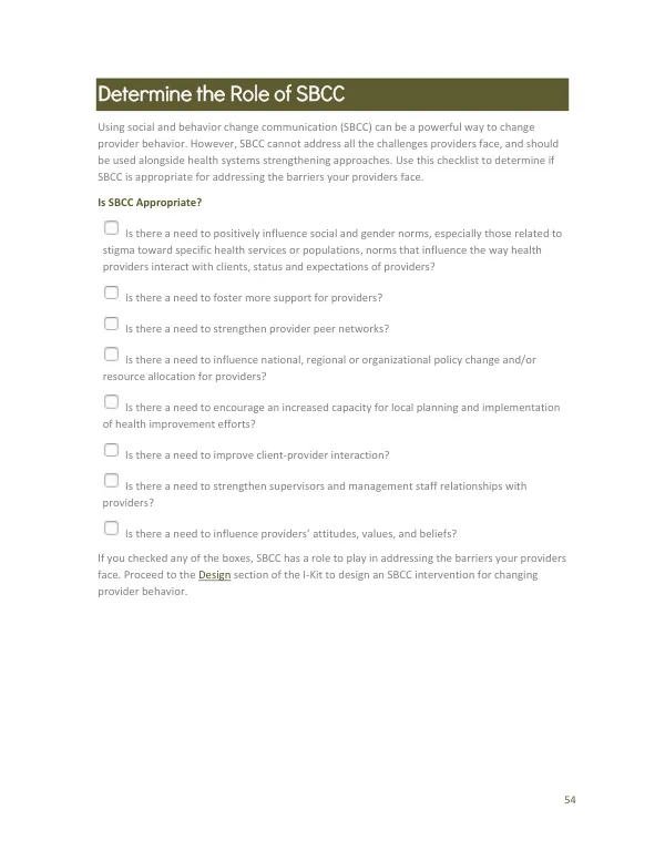 Provider Behavior Change SBCC Checklist
