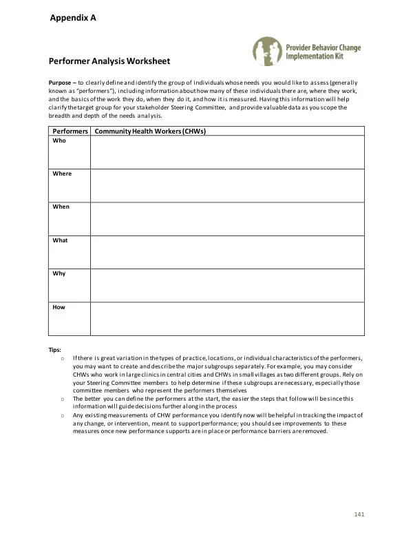 Provider Behavior Change Worksheets and Examples: Needs Assessment