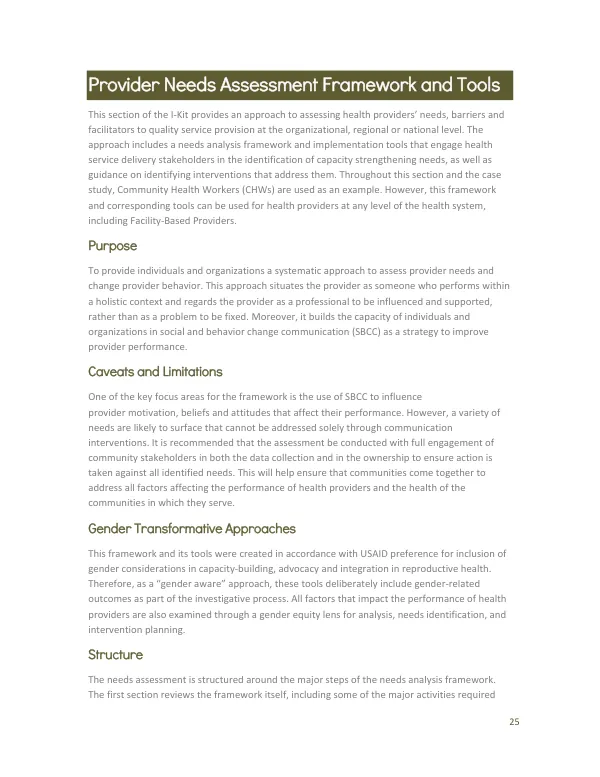 Provider Needs Assessment Framework and Tools