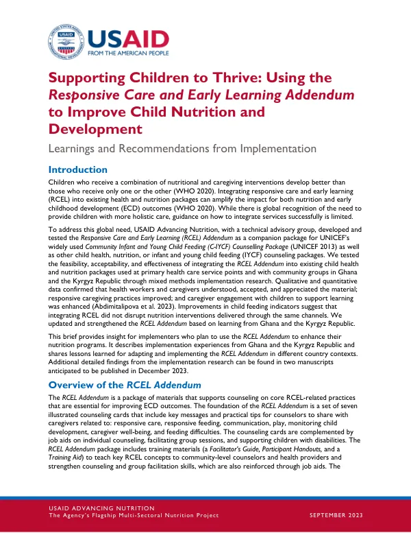 Responsive Care and Early Learning Addendum: Improving Child Nutrition and Development