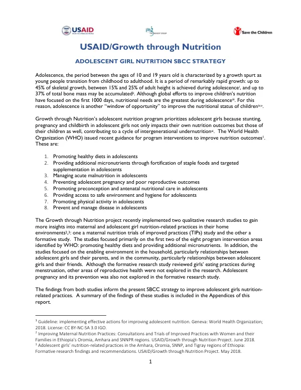 Adolescent Girl Nutrition SBCC Strategy Summary