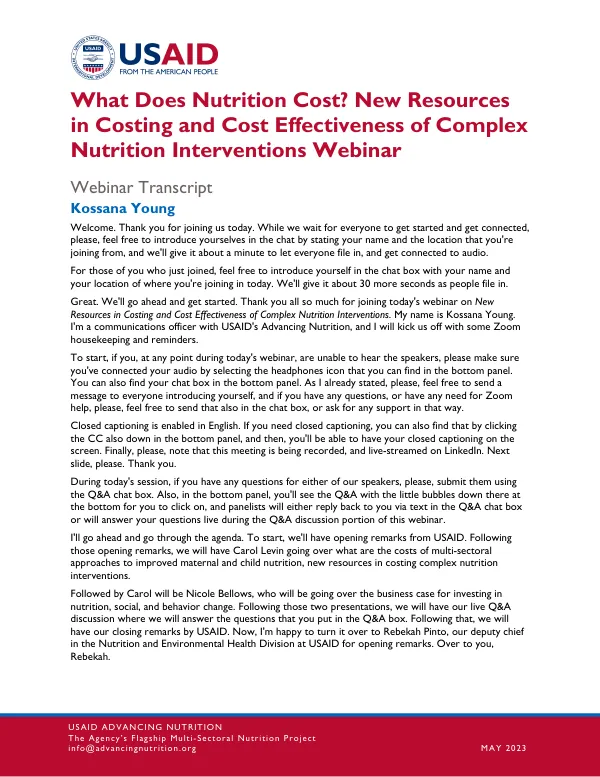 Nutrition Financing Webinar: Costing and Cost-Effectiveness of Interventions (May 2023)