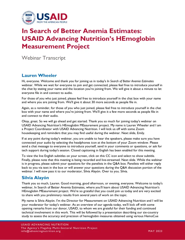 In Search of Better Anemia Estimates: USAID Advancing Nutrition’s HEME Project Webinar Transcript