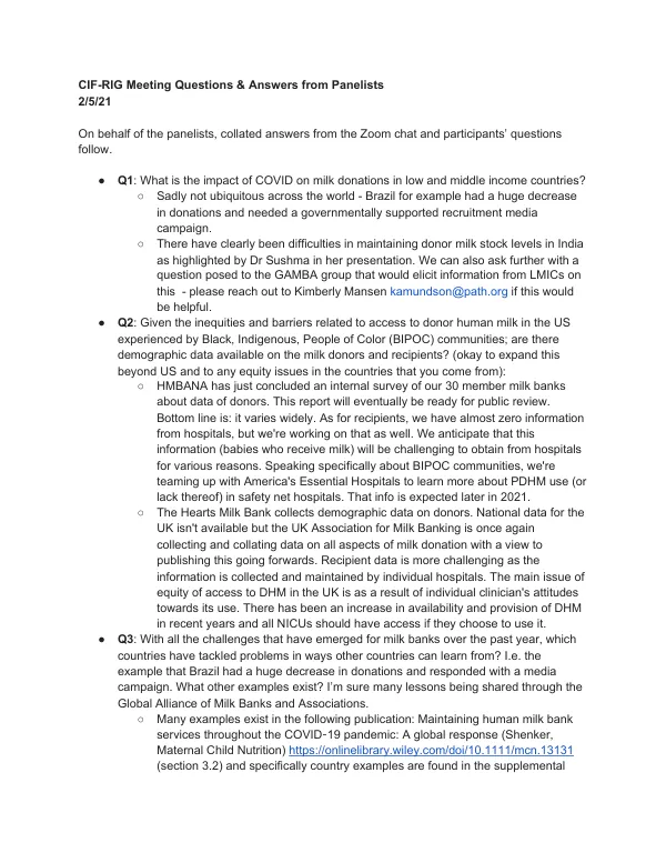 CIF-RIG Meeting Q&A: Breastfeeding and Milk Banking in the COVID-19 Era