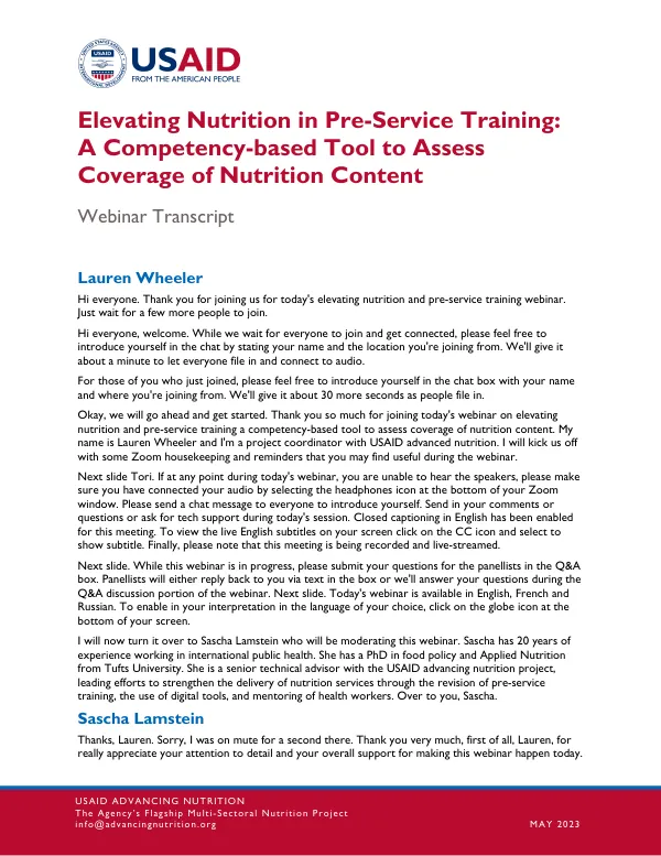 Elevating Nutrition in Pre-Service Training Webinar Transcript: A Competency-based Tool