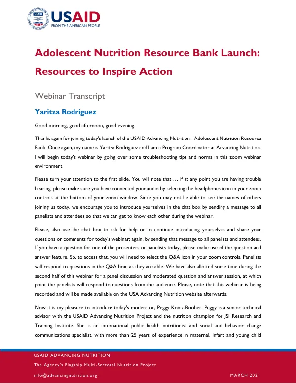 Adolescent Nutrition Resource Bank Launch Webinar Transcript (March 2021)