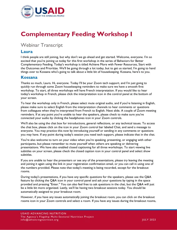 Complementary Feeding Workshop I Transcript (July 2023)