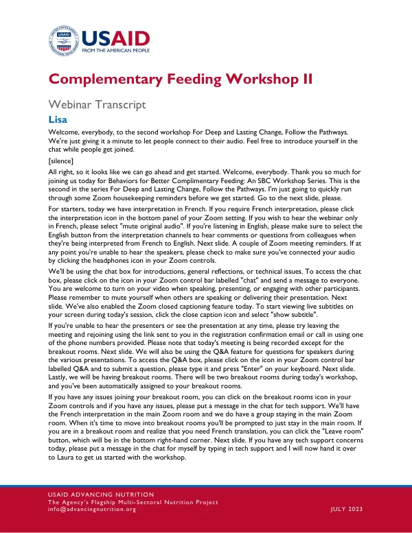 Complementary Feeding Workshop II Transcript (July 2023)