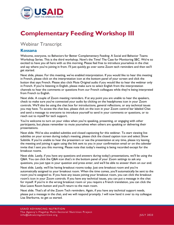 Complementary Feeding Workshop III Transcript (July 2023)