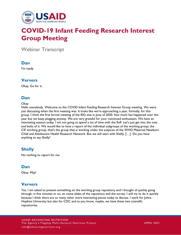 COVID-19 Infant Feeding Research Interest Group Meeting (April 9, 2021)
