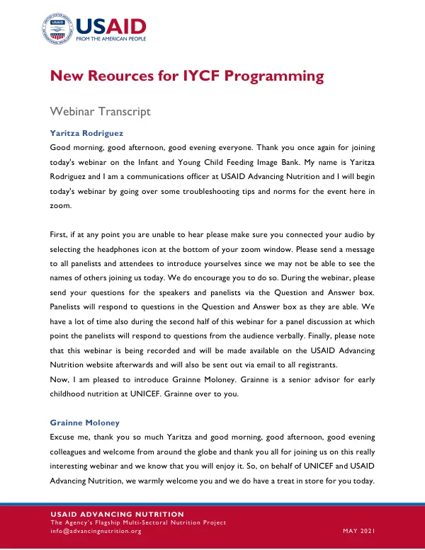 New Resources for IYCF Programming Webinar Transcript (May 11, 2021)