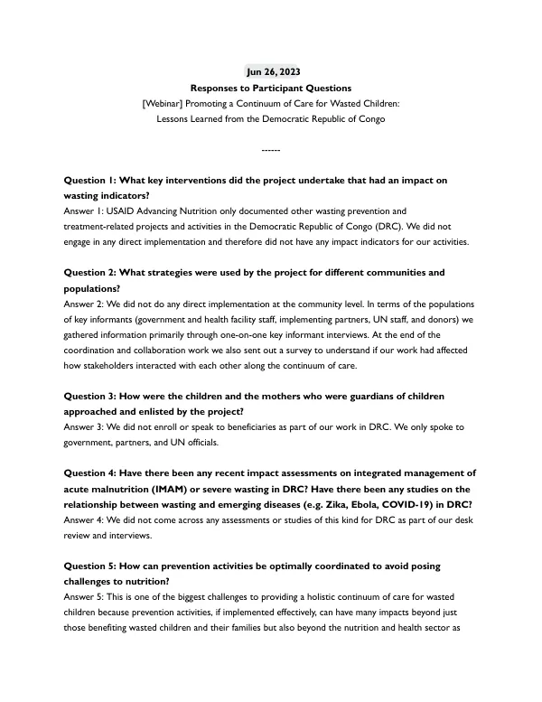 Q&A: Promoting Continuum of Care for Wasted Children in DRC