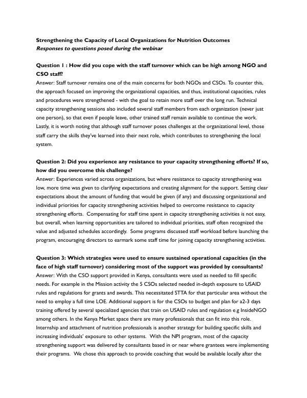 Webinar Questions and Answers: Strengthening Local Organizations for Nutrition Outcomes