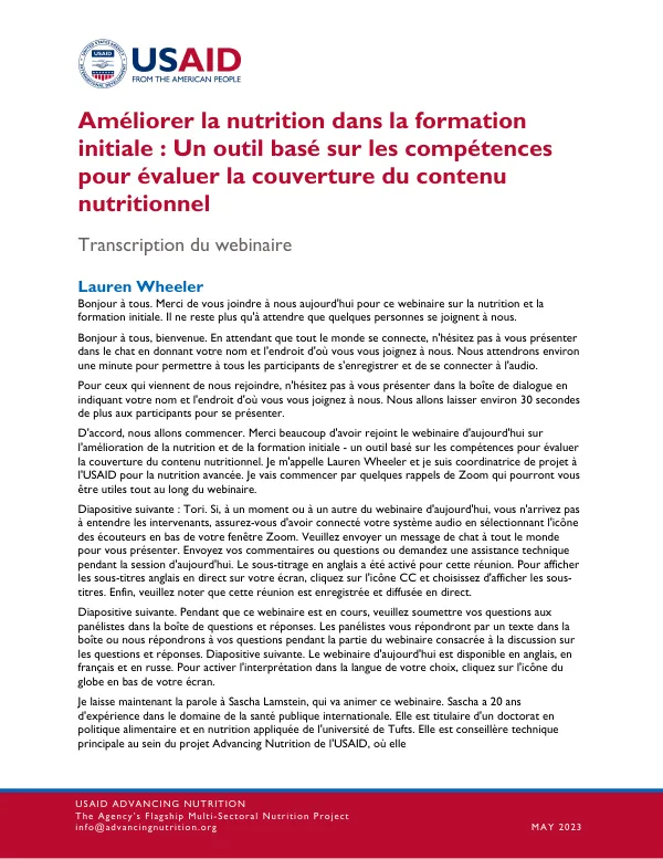 Améliorer la nutrition dans la formation initiale (Mai 2023)