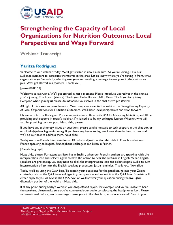 Strengthening Local Organizations for Nutrition: Perspectives and Ways Forward