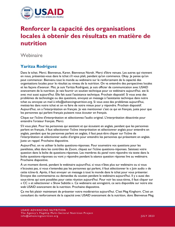 Renforcer la capacité des organisations locales à obtenir des résultats en matière de nutrition