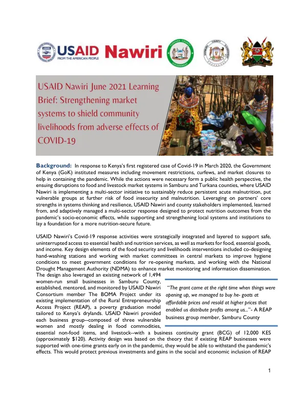 USAID Nawiri Learning Brief: Strengthening Market Systems to Shield Community Livelihoods from COVID-19