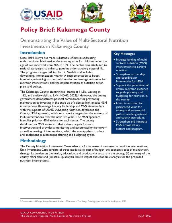 Policy Brief: Multi-Sectoral Nutrition Investments in Kakamega County, Kenya
