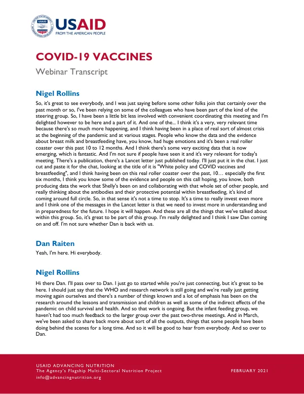USAID Advancing Nutrition Webinar Transcript: COVID-19 Vaccines and Breastfeeding (February 5, 2021)