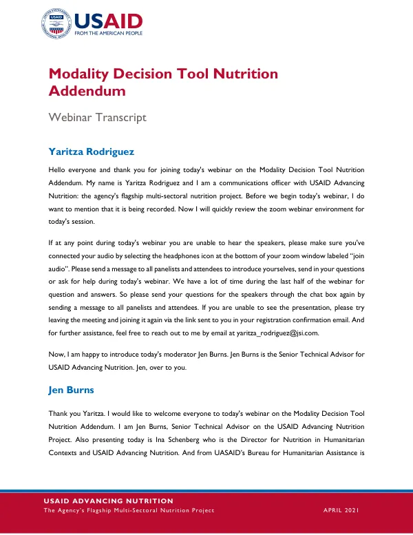 Modality Decision Tool Nutrition Addendum: Webinar Transcript, April 15, 2021